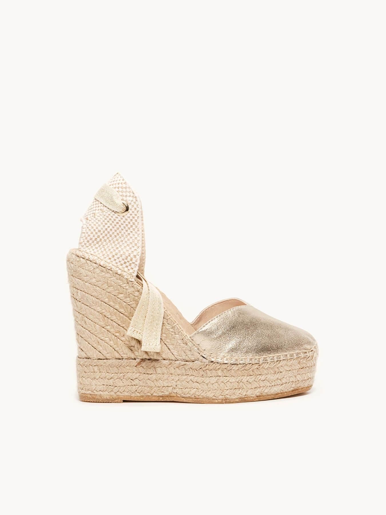 Sandália Romero Anabela 12 cm Camurça Dourado
