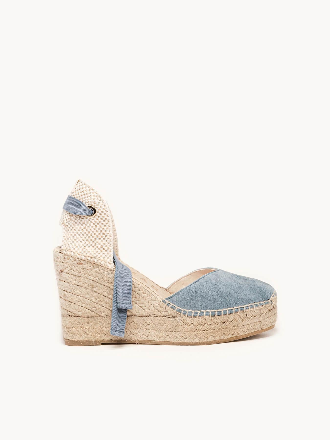 Sandália Romero Anabela 10 cm Camurça Azul Jeans