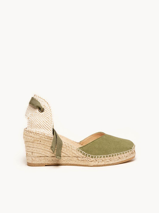 Sandália Romero Anabela 7 cm Camurça Verde Cáqui