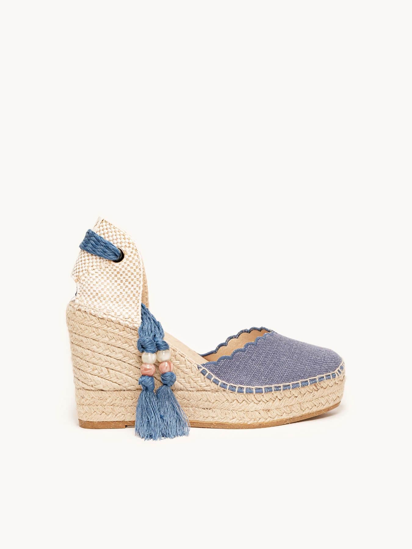 Sandália Romero Anabela 10 cm Linho Azul Jeans