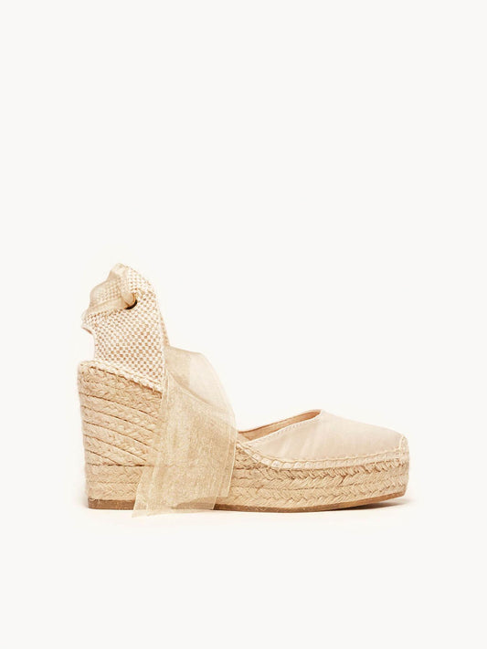 Sandália Anabela Alta Cala Cetim Bege