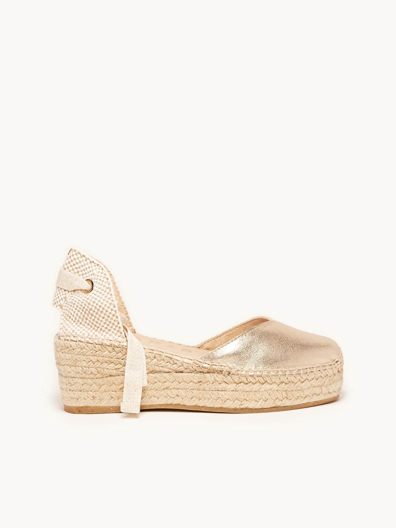Sandália Romero Anabela 6 cm Camurça Dourado