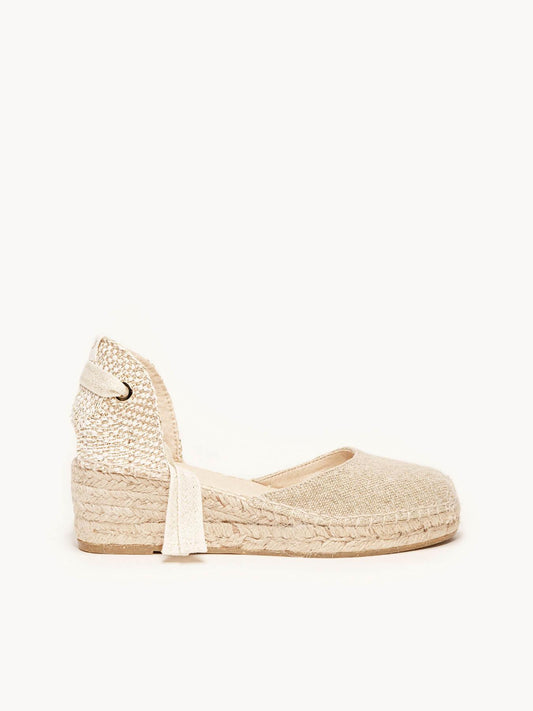 Sandália Cala Anabela 5 cm Linho Dourado