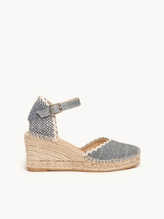 Sandália Anabela Média Jara Linho Mesclado Azul Jeans