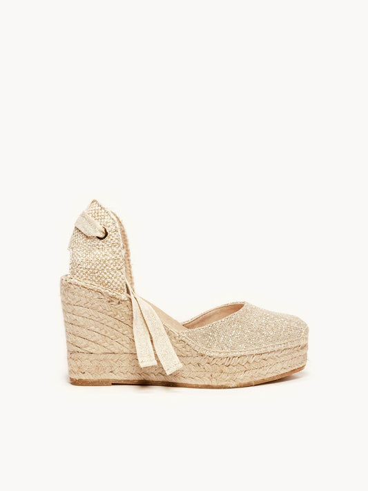 Sandália Anabela Alta Cala Linho Dourado Metalizado