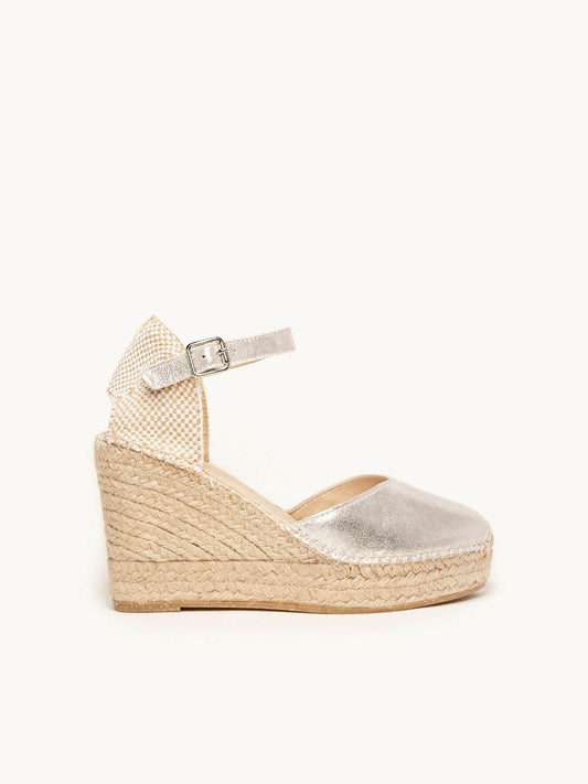 Sandália Anabela Alta Jara Camurça Metálica Prateado