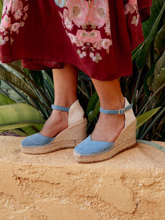 Sandália Jara Anabela 10 cm Camurça Azul Jeans