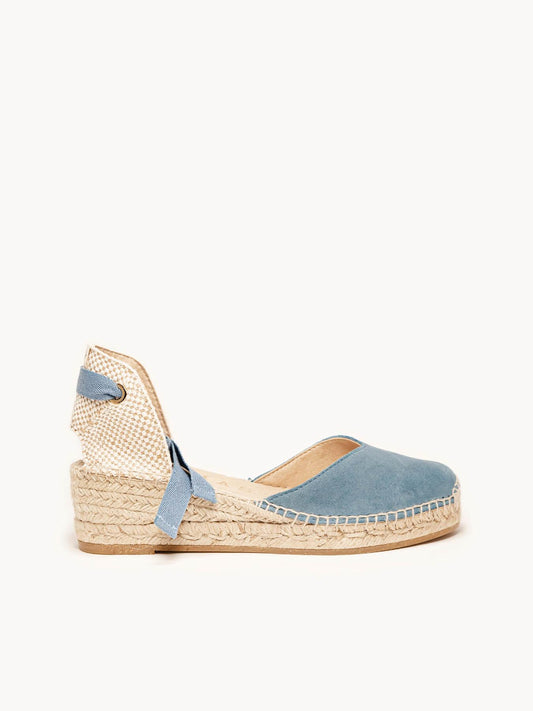 Sandália Romero Anabela 5 cm Camurça Azul Jeans