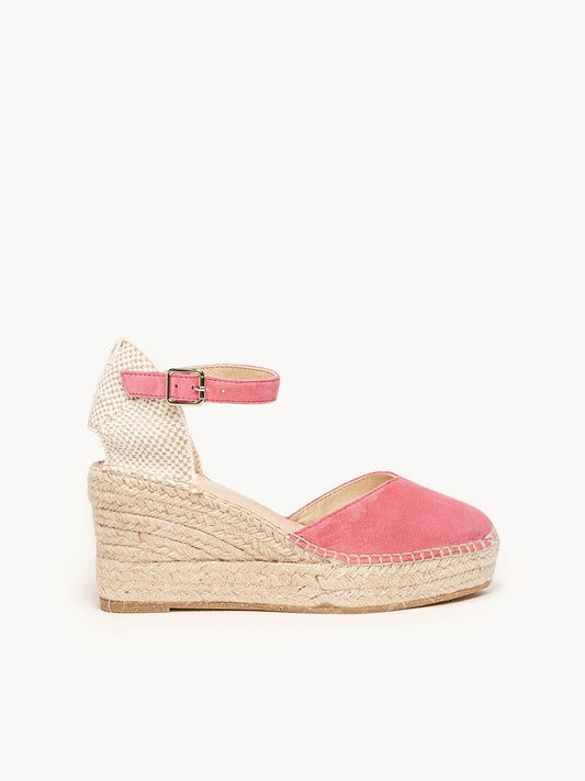 Sandália Anabela Média Plataforma Jara Camurça Rosa Fúcsia