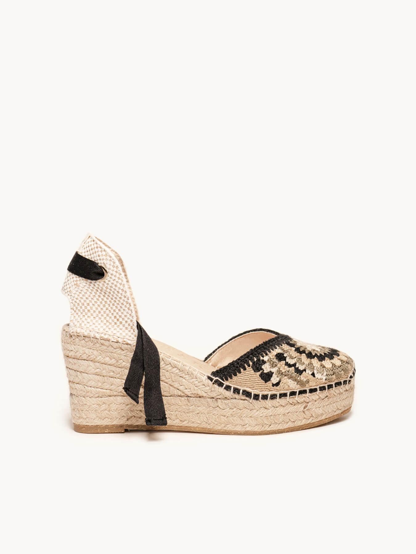 Sandália Romero Anabela 8 cm Crochê Preto