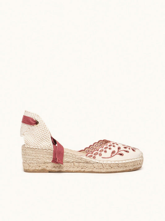 Sandália Anabela Baixa Romero Lona Bordada Grená