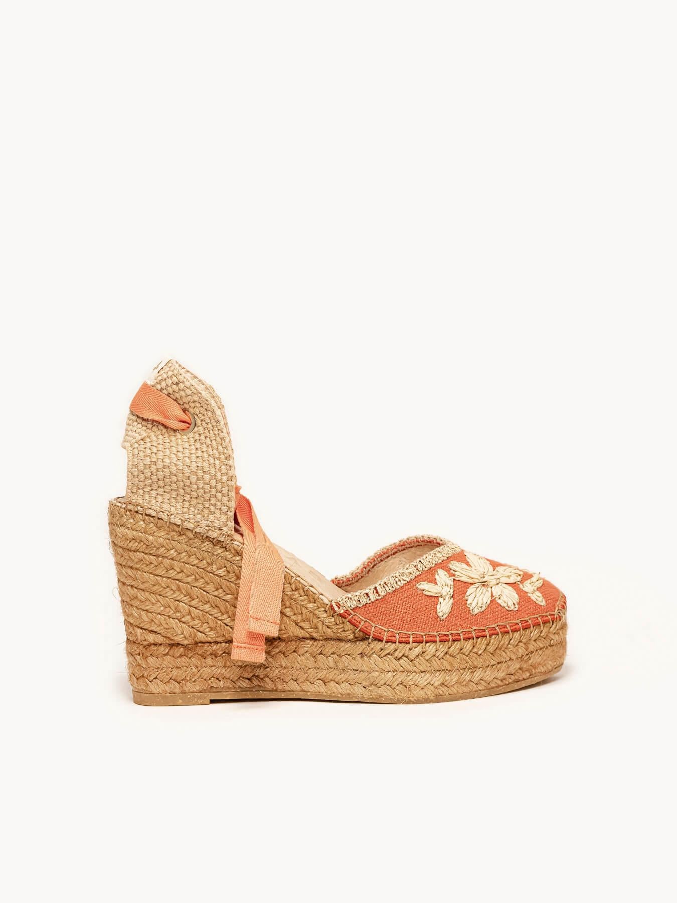 Sandália Romero Anabela 10 cm Bordado Laranja