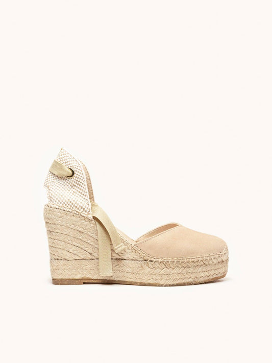 Sandália Romero Anabela 10 cm Camurça Areia