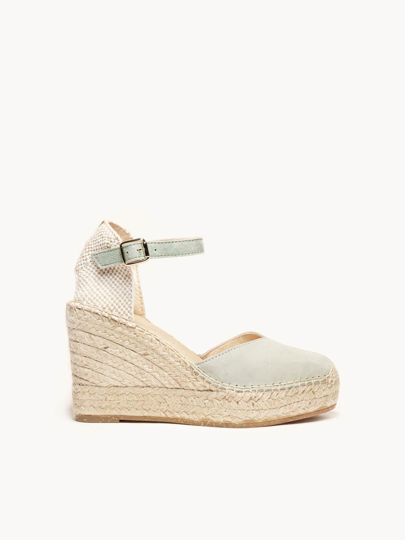 Sandália Anabela Alta Jara Camurça Verde Claro