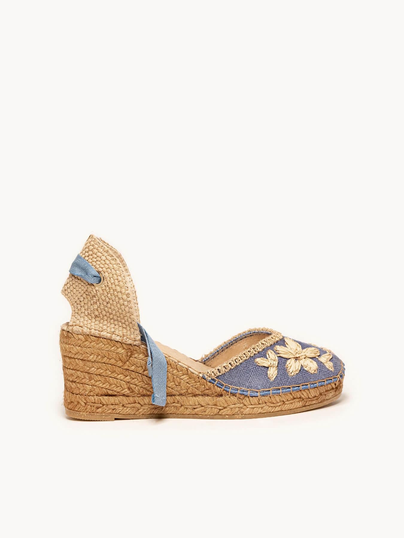 Sandália Romero Anabela 7 cm Bordado Azul Jeans