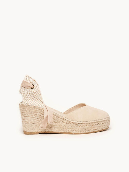 Sandália Romero Anabela 8 cm Camurça Areia