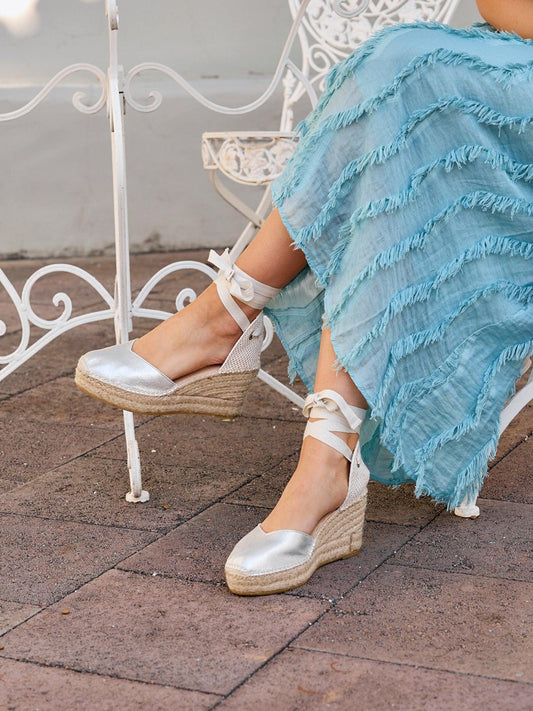 Sandália Anabela Média Plataforma Romero Camurça Prata Metalizado