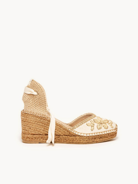 Sandália Romero Anabela 7 cm Bordado Areia