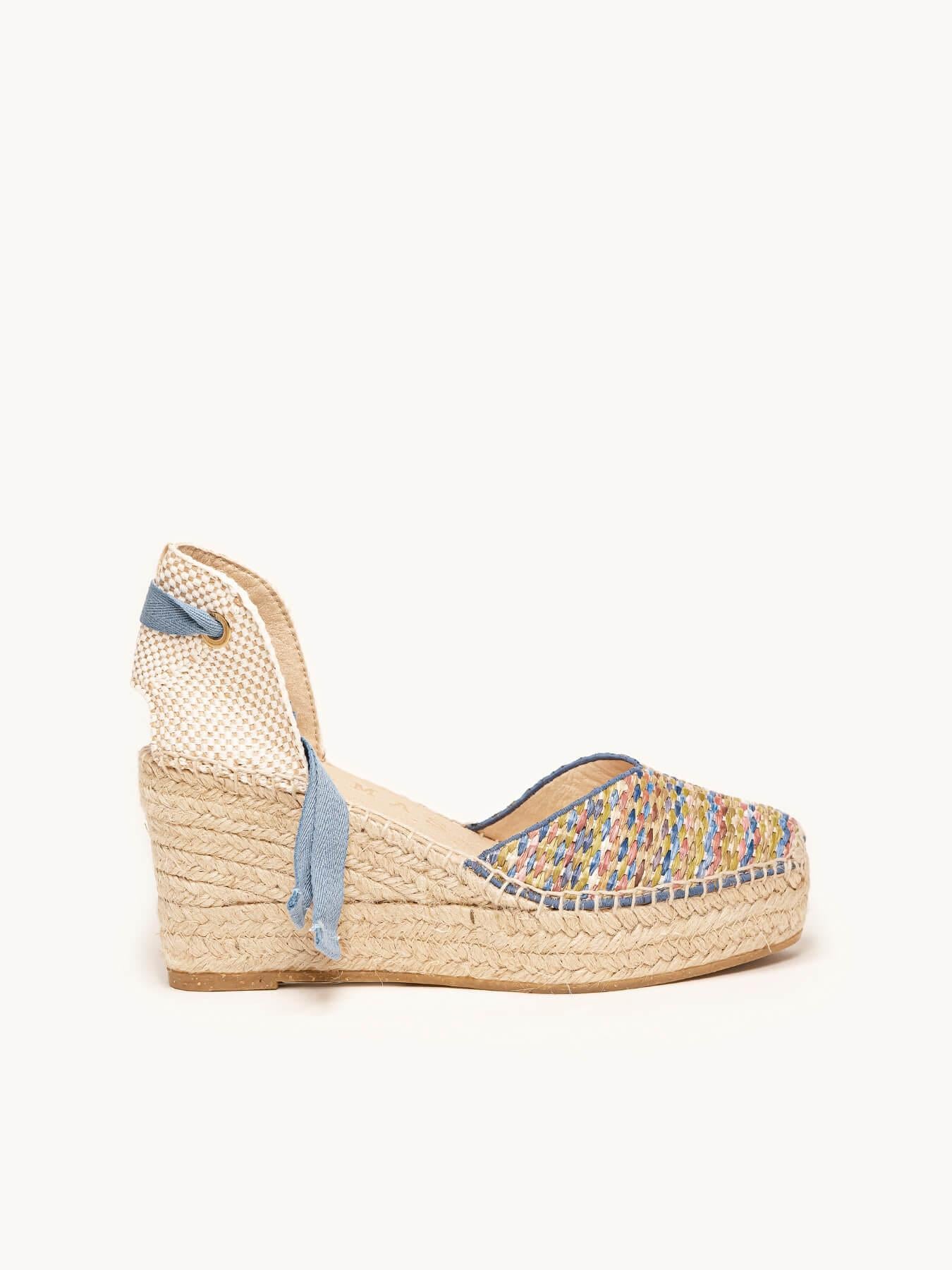 Sandália Romero Anabela 8 cm Ráfia Azul