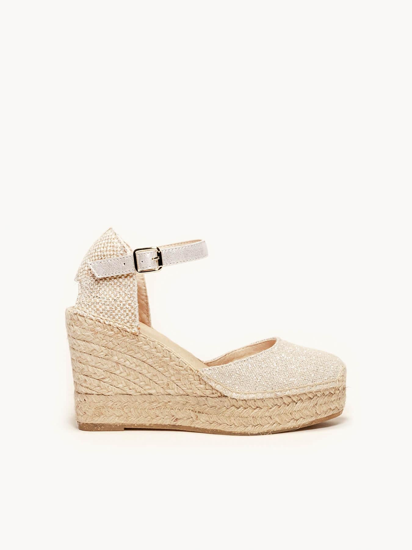 Sandália Anabela Alta Dalia Linho Metalizado Prata