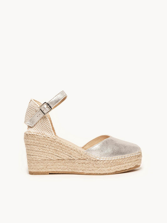 Sandália Anabela Média Plataforma Jara Camurça Prata Metalizado