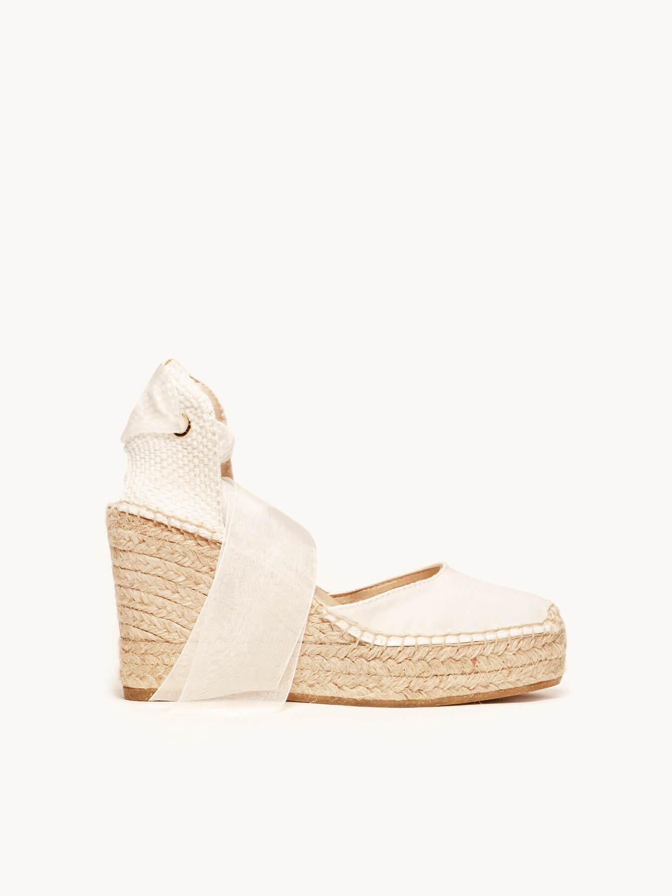 Sandália Anabela Alta Cala Cetim Branco