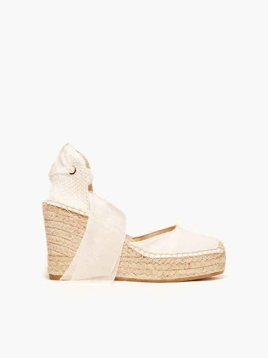 Sandália Anabela Alta Cala Cetim Branco