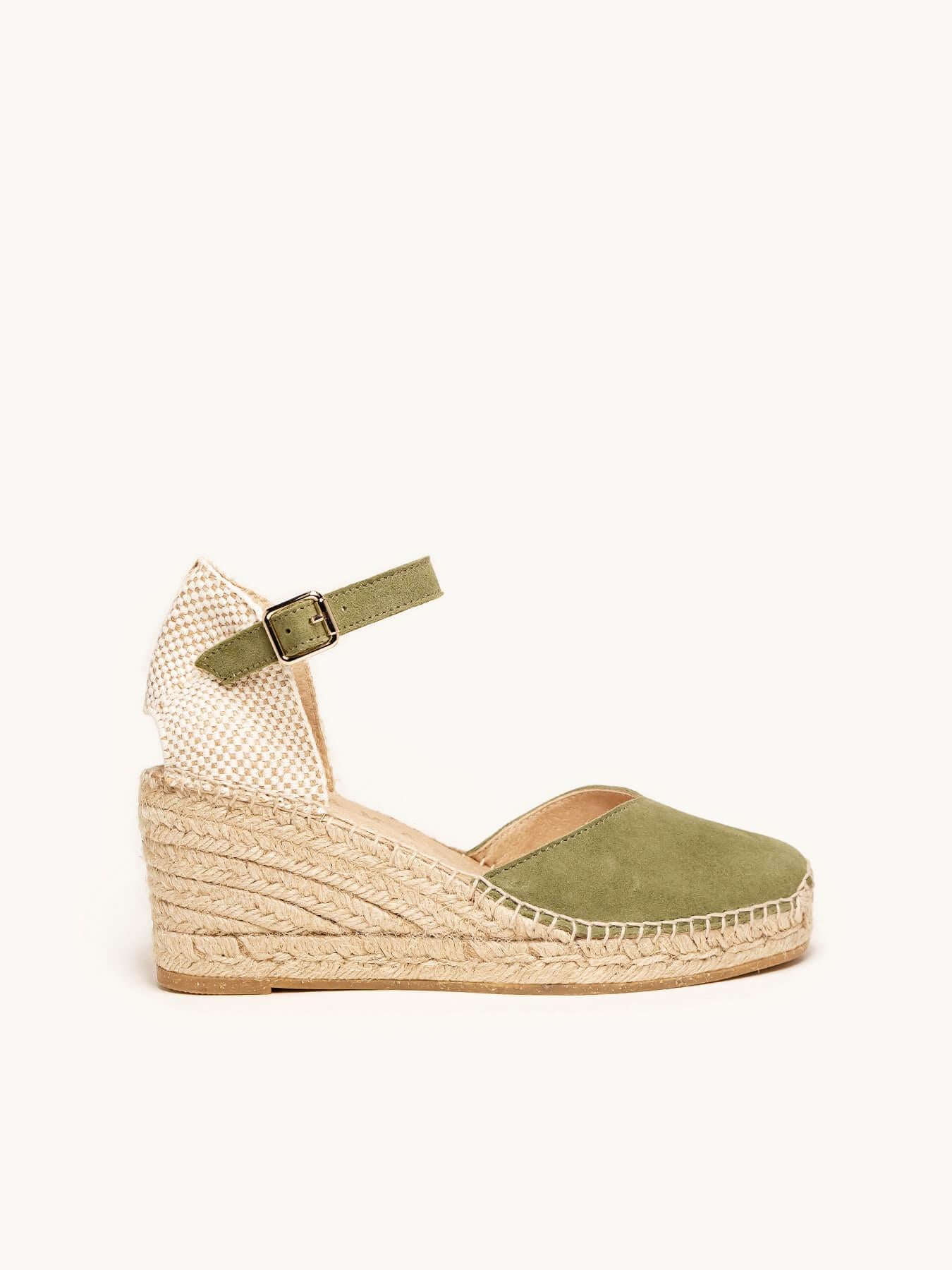 Sandália Jara Anabela 7 cm Camurça Verde Cáqui