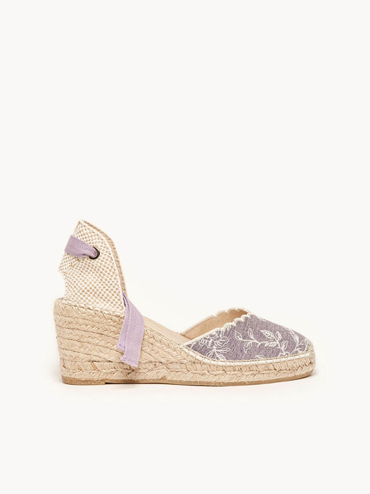Sandália Anabela Média Romero Jeans Bordado Lilás