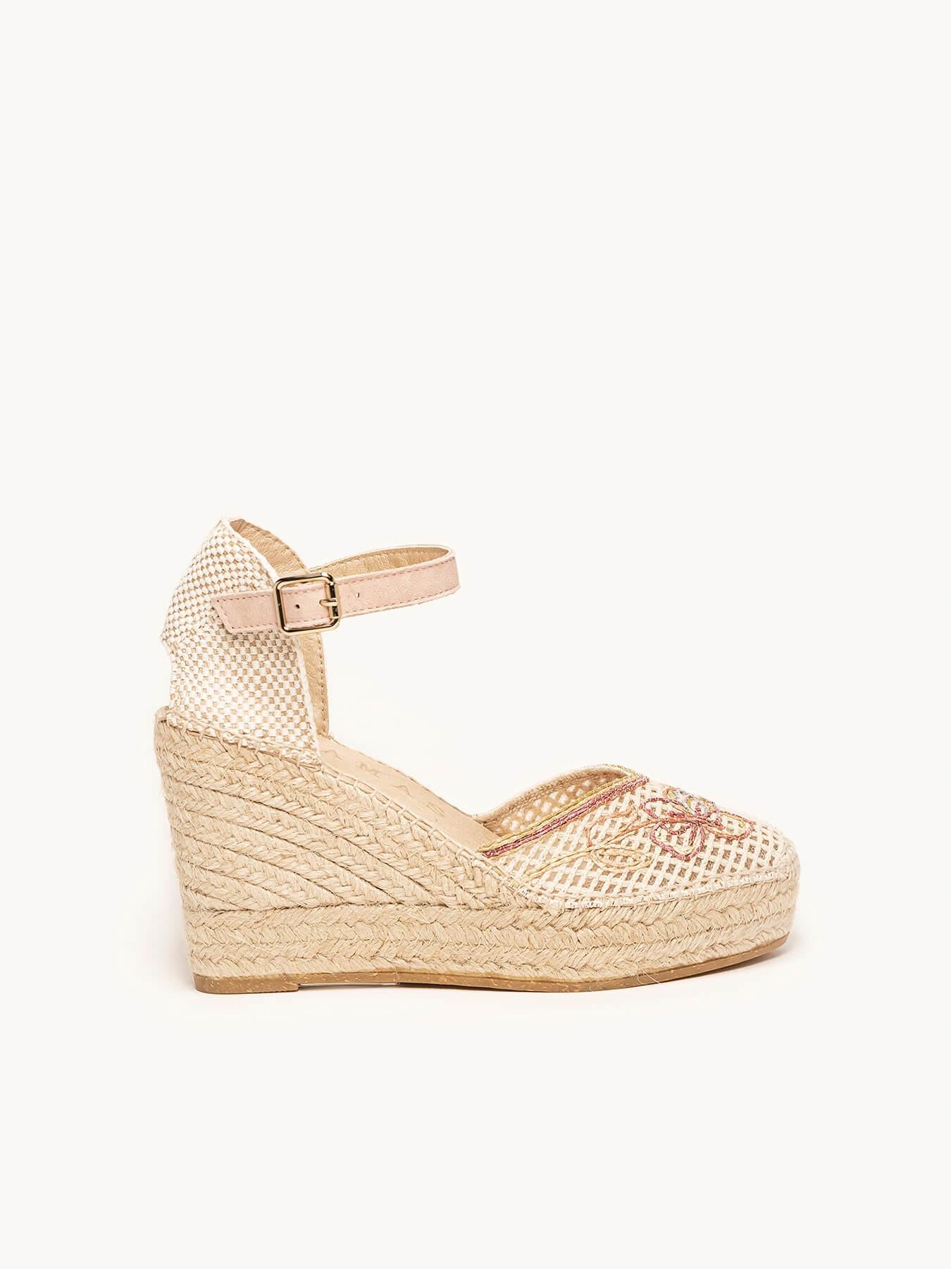 Sandália Jara Anabela 10 cm Bordado Rosa Claro