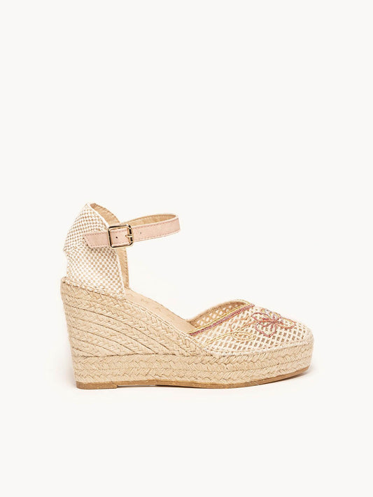 Sandália Jara Anabela 10 cm Bordado Rosa Claro