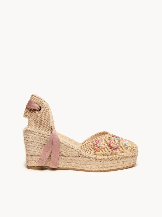 Sandália Anabela Média Plataforma Romero Ráfia Flores Rosa Claro