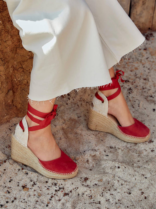 Sandália Romero Anabela 10 cm Camurça Vermelho