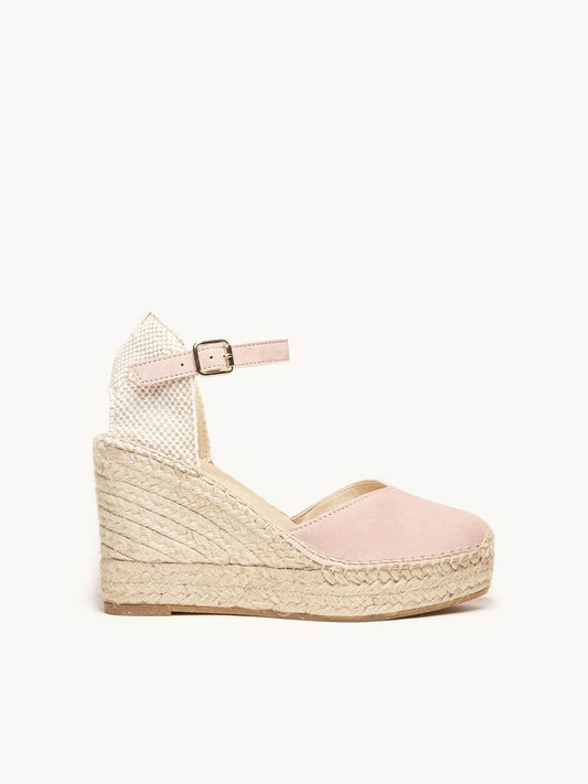 Sandália Anabela Alta Jara Camurça Rosa Clara