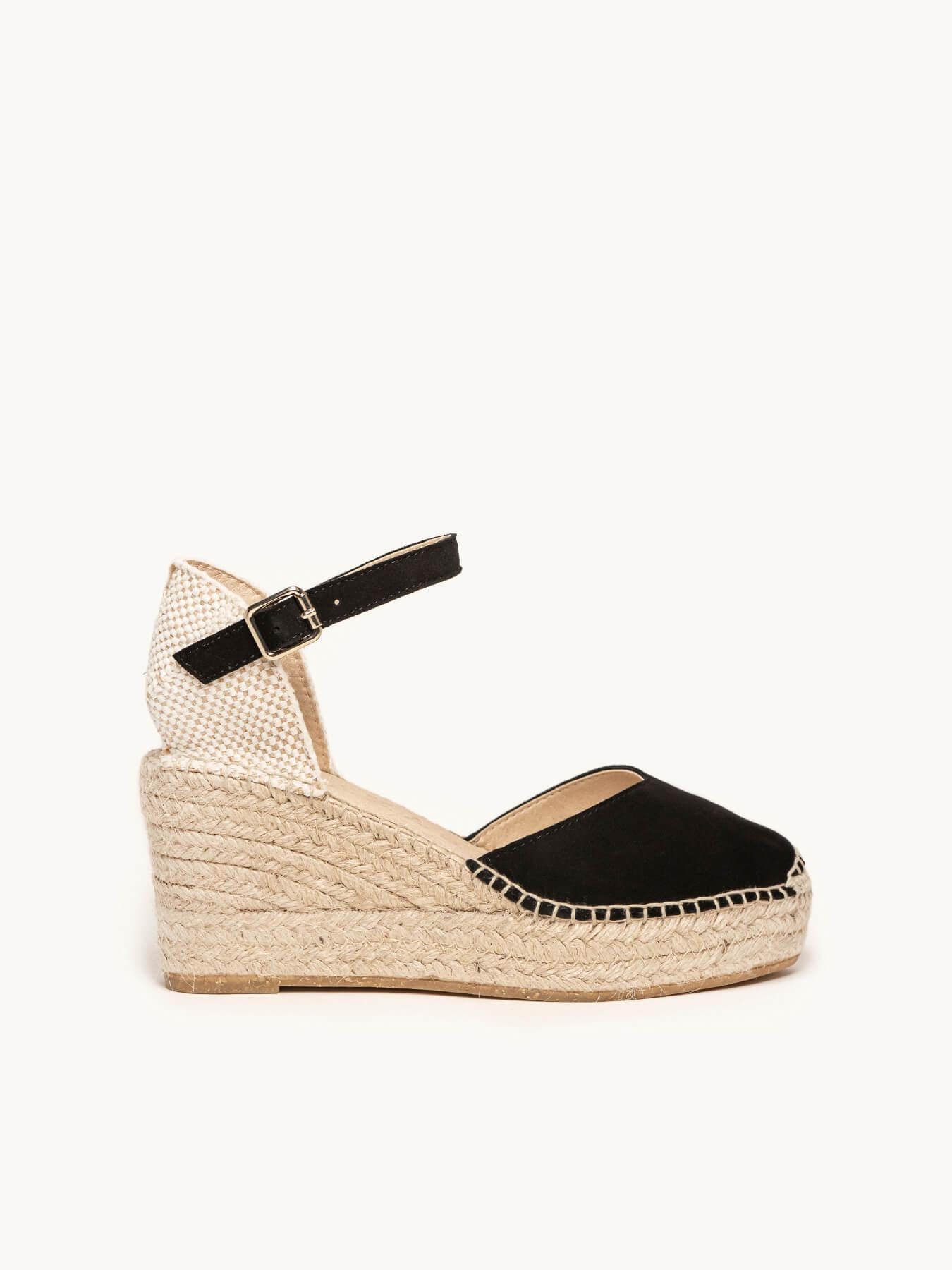 Sandália Anabela Média Plataforma Jara Camurça Preta