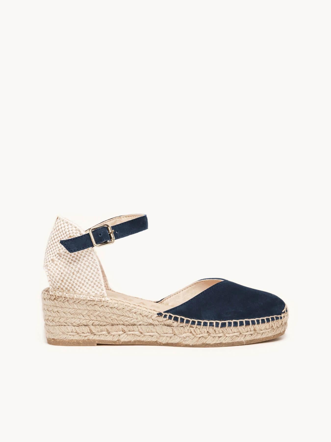 Sandália Anabela Baixa Jara Camurça Azul Marinho