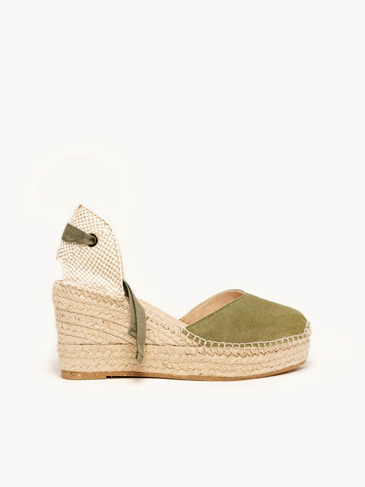 Sandália Romero Anabela 8 cm Camurça Verde Cáqui