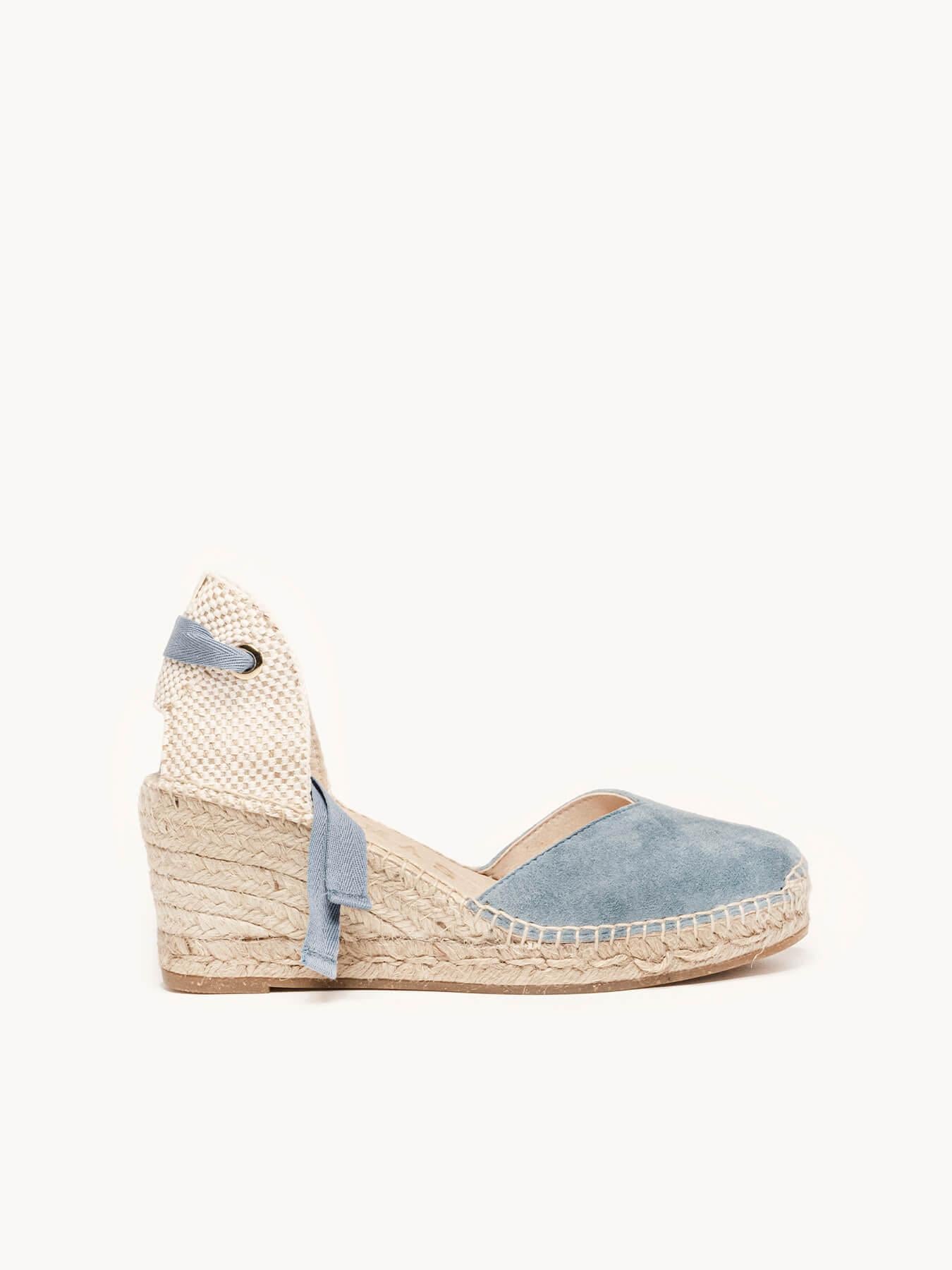 Sandália Romero Anabela 7 cm Camurça Azul Jeans