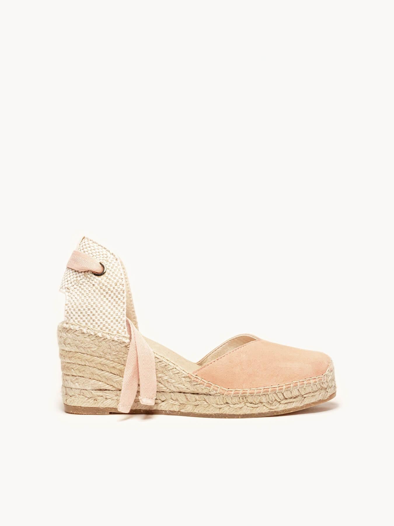 Sandália Romero Anabela 7 cm Camurça Laranja Claro