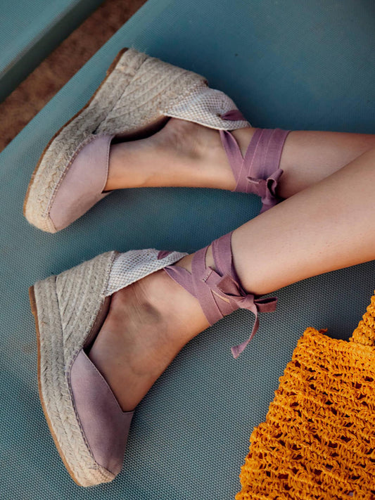 Sandália Anabela Alta Romero Camurça Rosa Claro