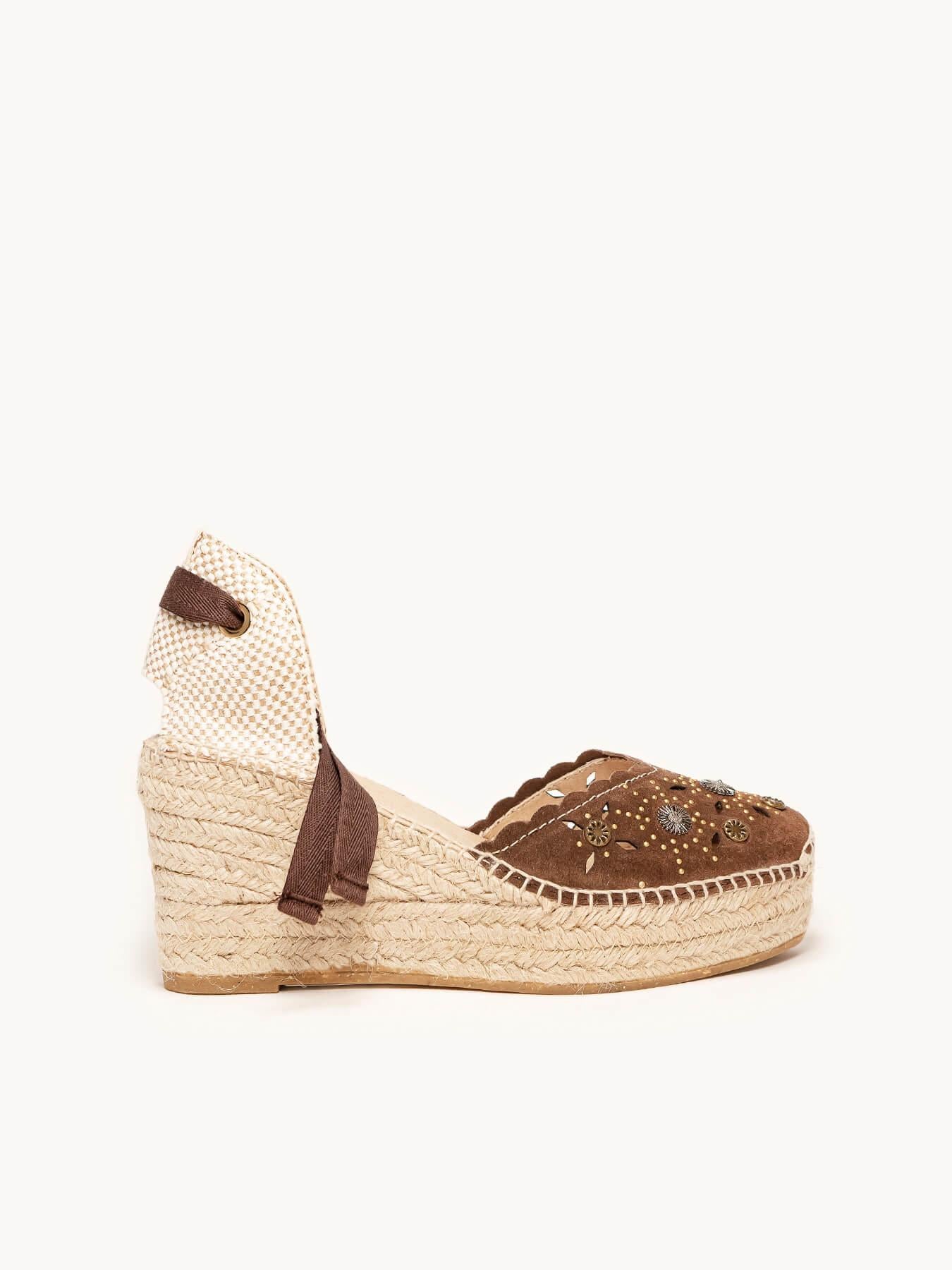 Sandália Romero Anabela 8 cm Camurça Marrom Escuro