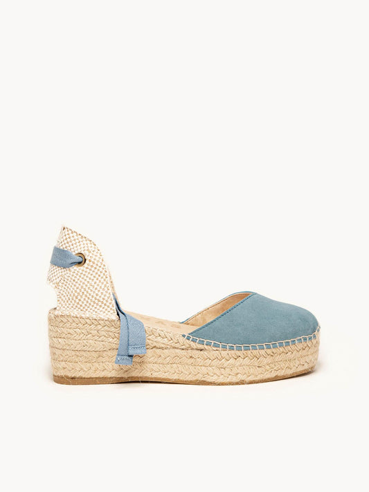 Sandália Romero Anabela 6 cm Camurça Azul Jeans