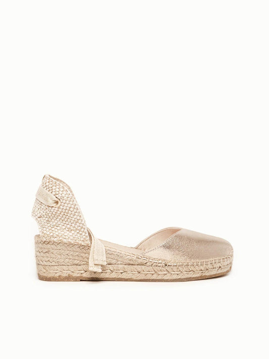 Sandália Anabela Baixa Romero Camurça Dourado Metalizado