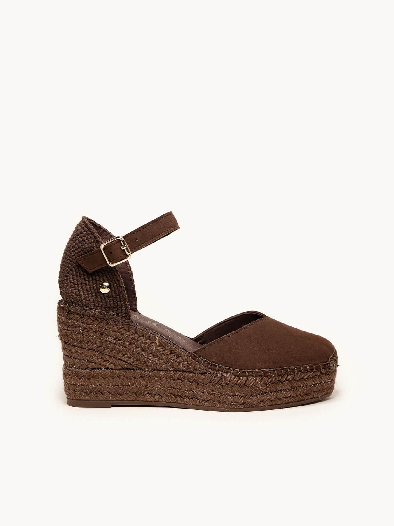 Sandália Jara Anabela 8 cm Camurça Marrom Escuro