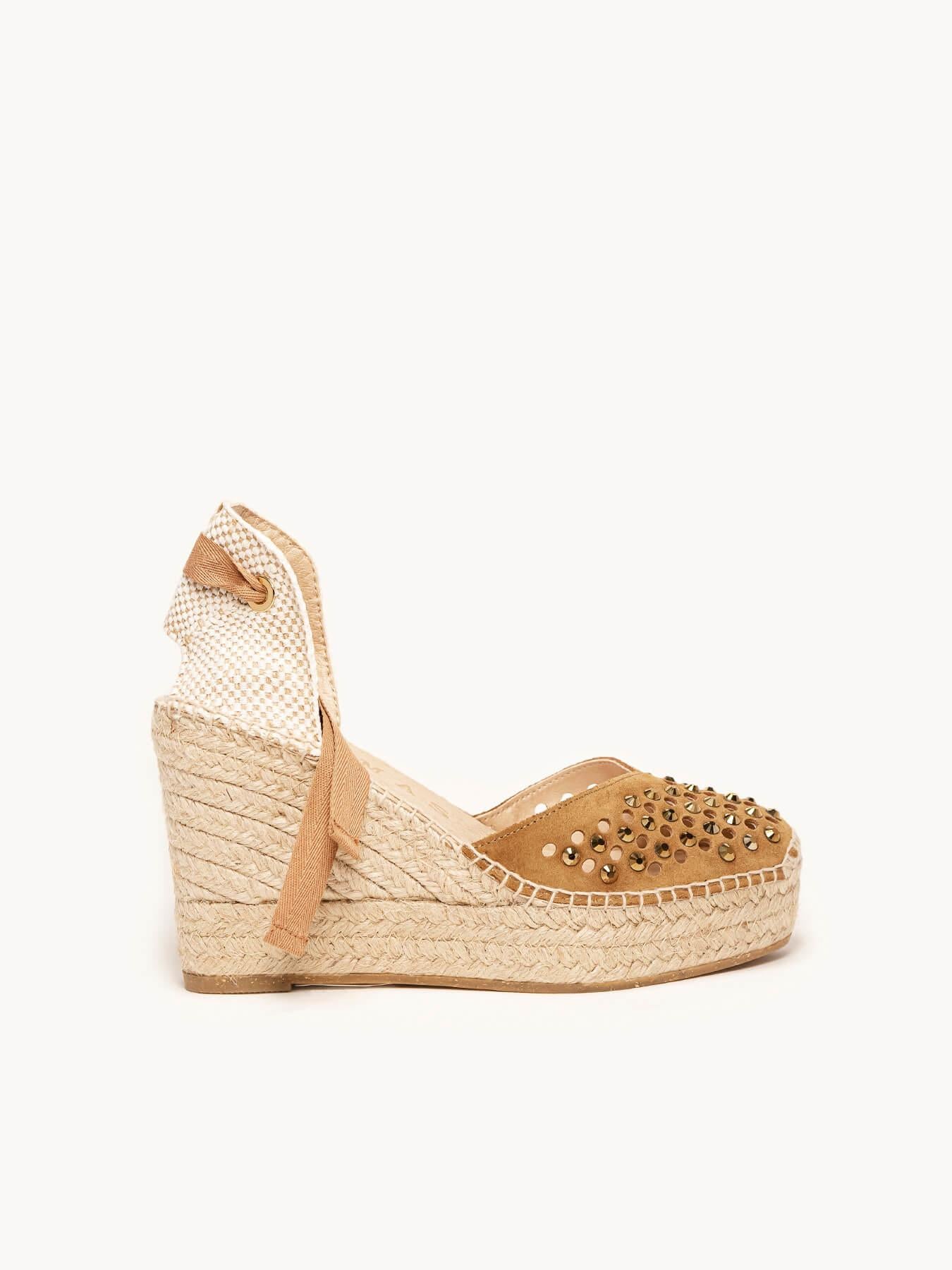 Sandália Romero Anabela 10 cm Camurça Marrom Claro