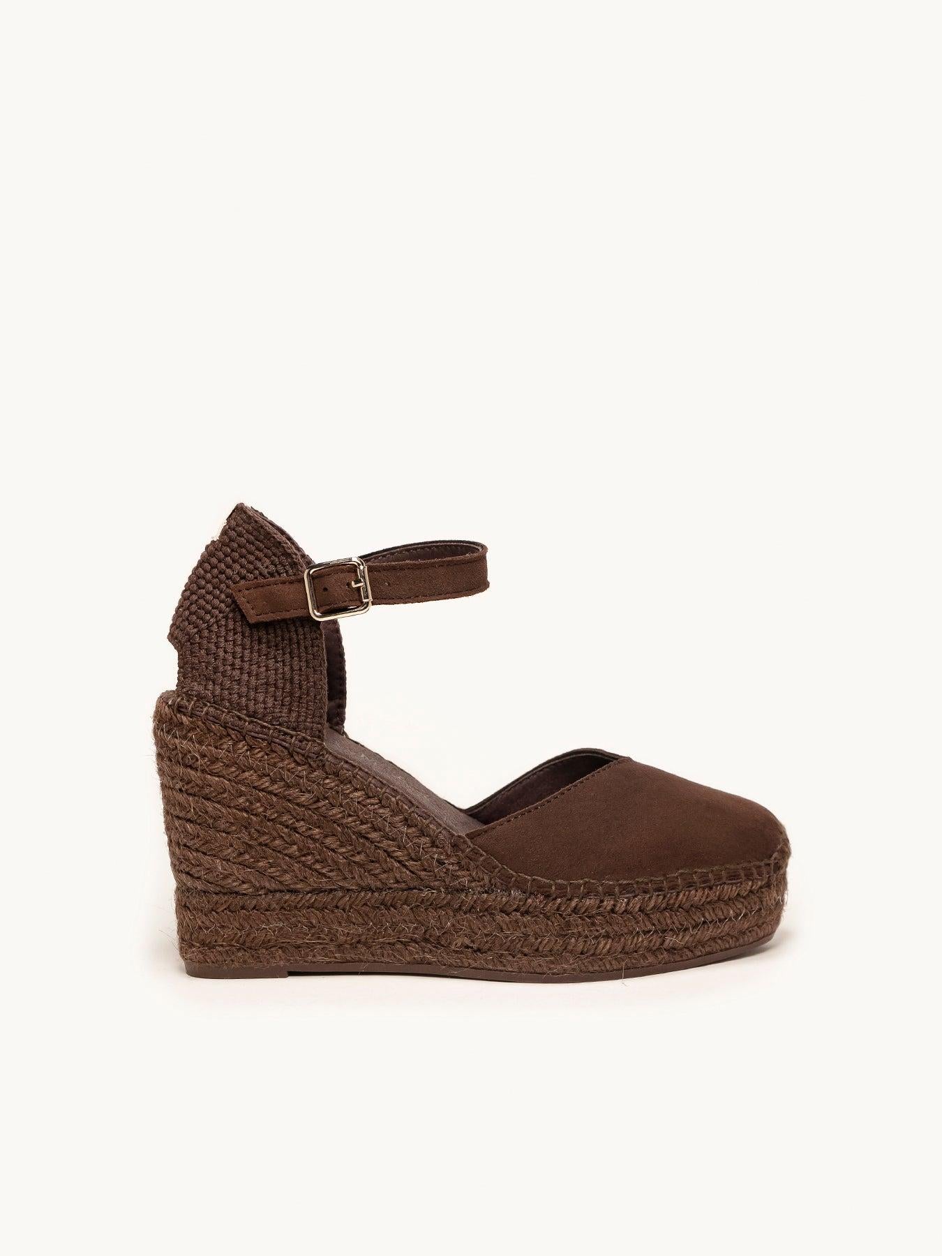 Sandália Jara Anabela 10 cm Camurça Marrom Escuro