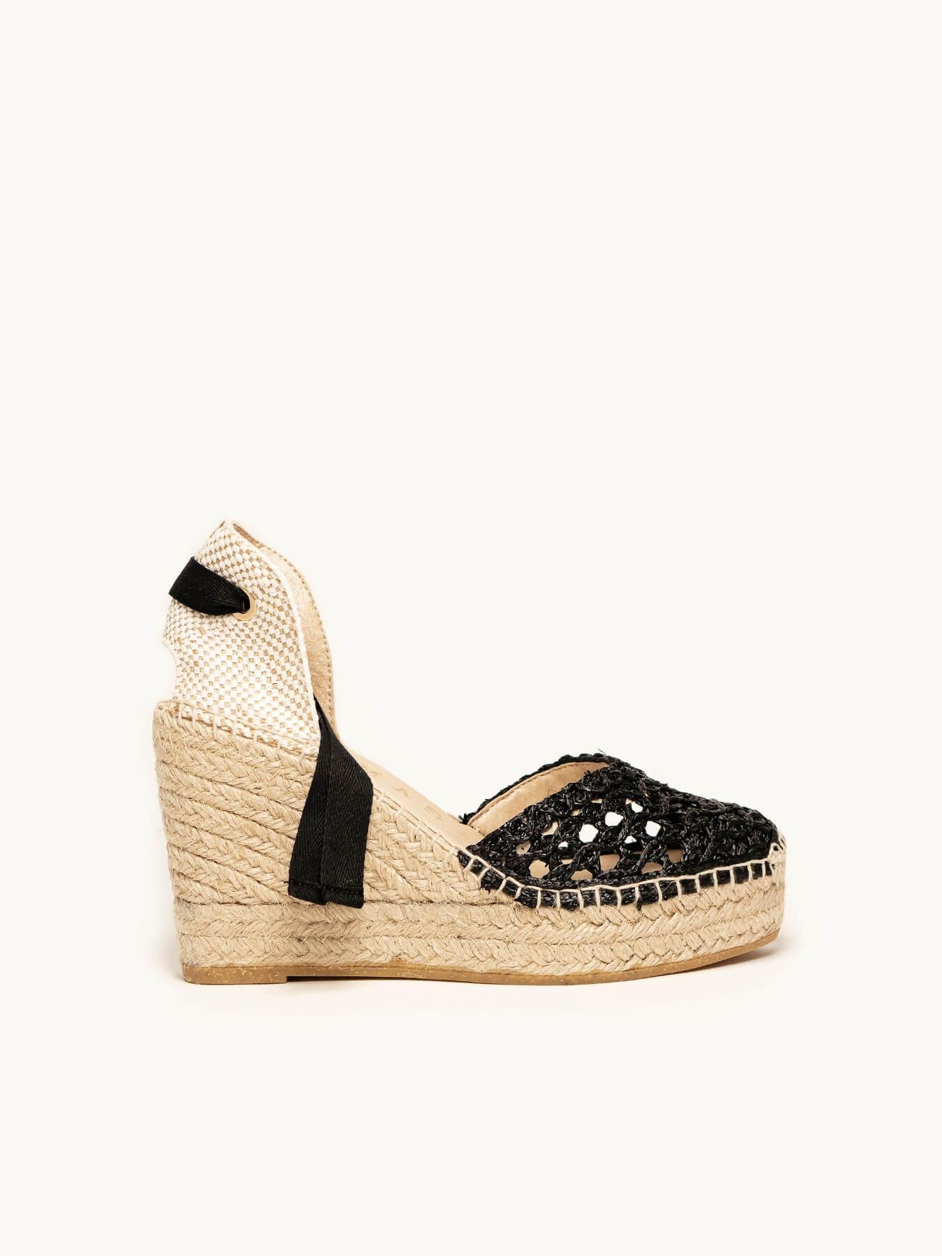 Sandália Romero Anabela 10 cm Ráfia Preto