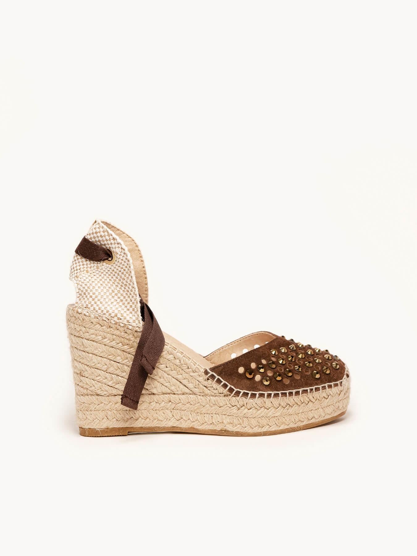 Sandália Romero Anabela 10 cm Camurça Marrom Escuro
