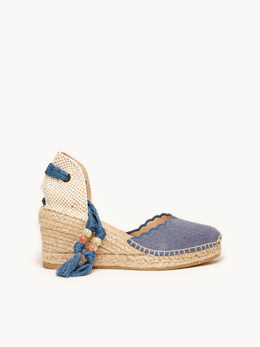 Sandália Romero Anabela 7 cm Linho Azul Jeans