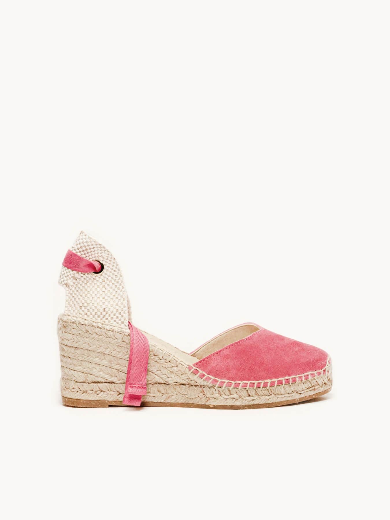 Sandália Anabela Média Romero Camurça Fúcsia